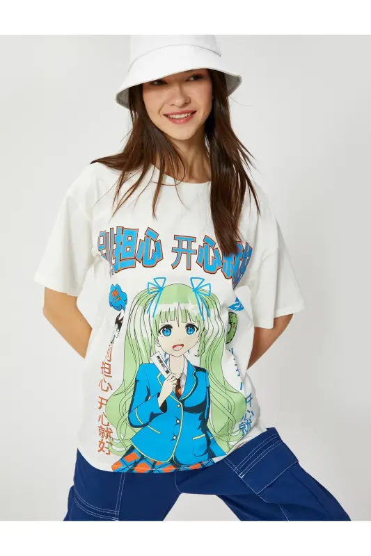 Anime T-Shirt Oversize Short Sleeve Crew Neck Cotton - KOTON