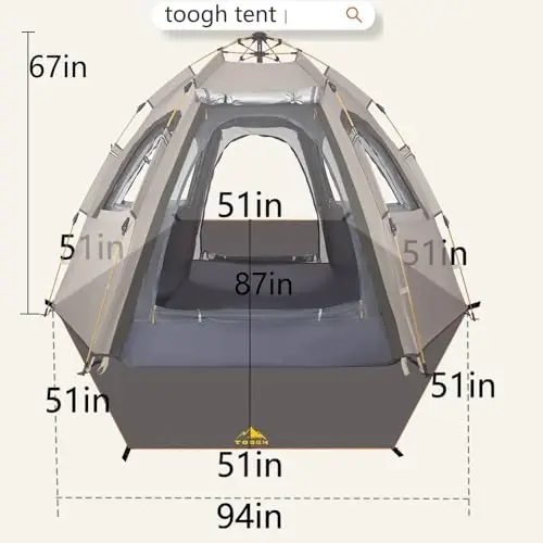 Toogh 2/3 Person Hexagon Instant Pop Up Tent for Camping, Waterproof with Rainfly, Double Layer & Fully Openable Windows for Max Ventilation, Dual Doors & Vestibule, Carry Bag with High Density Oxford - 3