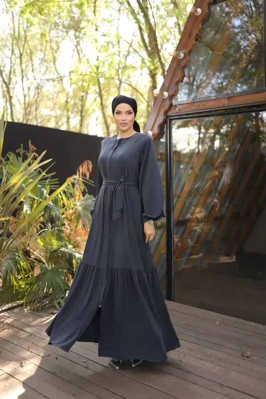 Ankanoor Anthracite Hidden Button Abaya Anka255020-SMOKE GRAY - 1