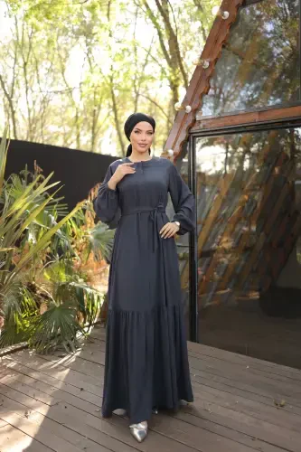 Ankanoor Anthracite Hidden Button Abaya Anka255020-SMOKE GRAY - MODAZONE (1)