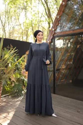 Ankanoor Anthracite Hidden Button Abaya Anka255020-SMOKE GRAY - 3