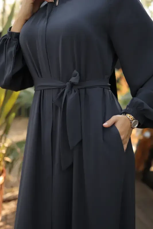 Ankanoor Anthracite Hidden Button Abaya Anka255020-SMOKE GRAY - 5
