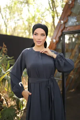 Ankanoor Anthracite Hidden Button Abaya Anka255020-SMOKE GRAY - 6