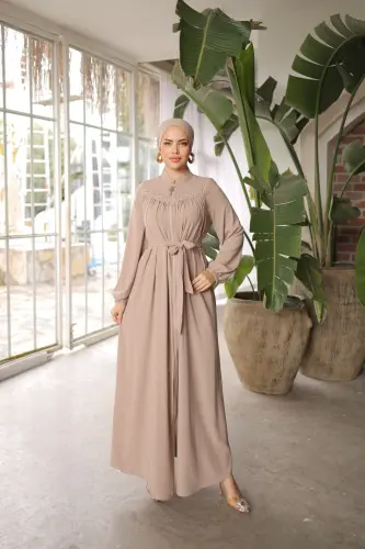 Ankanoor Beige Robe Detailed Beaded Abaya Anka255016-BEIGE 