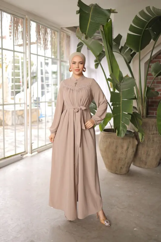 Ankanoor Beige Robe Detailed Beaded Abaya Anka255016-BEIGE - 1