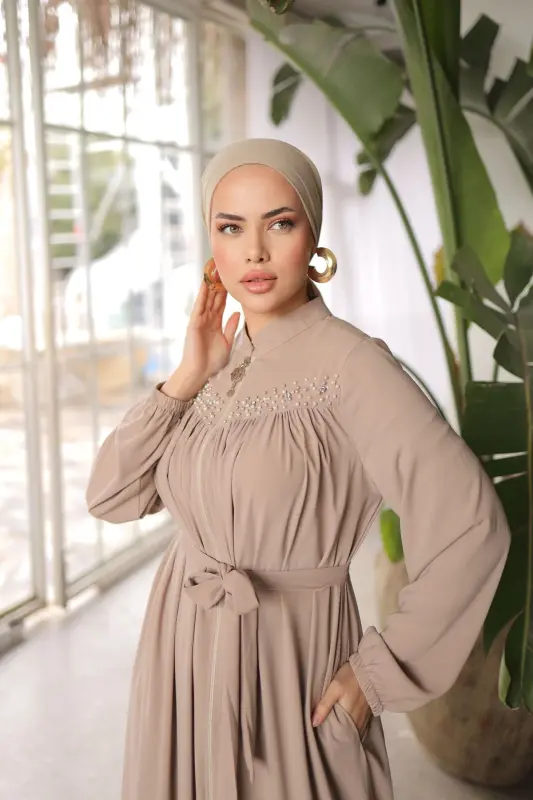 Ankanoor Beige Robe Detailed Beaded Abaya Anka255016-BEIGE - 2