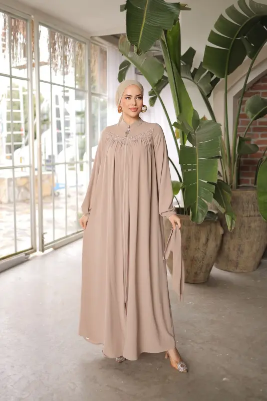Ankanoor Beige Robe Detailed Beaded Abaya Anka255016-BEIGE - 3