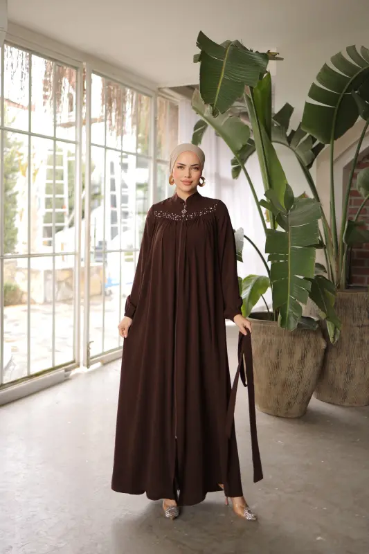 Ankanoor Medine İpeği Robalı Boncuklu Ferace 145cm Anka255016 - KAHVERENGİ - NISSRA