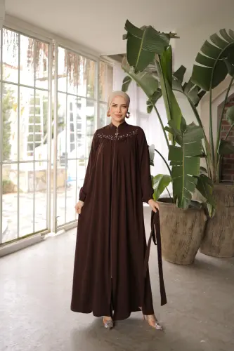 Ankanoor Medine İpeği Robalı Boncuklu Ferace 145cm Anka255016 - KAHVERENGİ 
