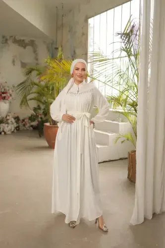 Ankanoor White Robe Beaded Ferace Anka255016-WHITE - 1