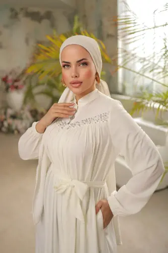Ankanoor White Robe Beaded Ferace Anka255016-WHITE - 3