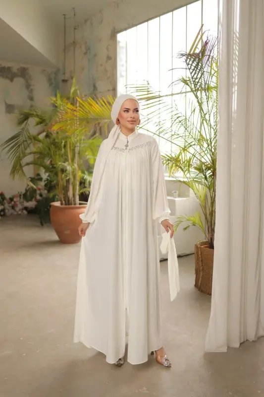Ankanoor White Robe Beaded Ferace Anka255016-WHITE - 4