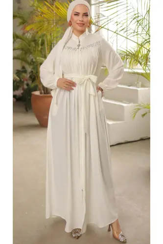 Ankanoor White Robe Beaded Ferace Anka255016-WHITE 