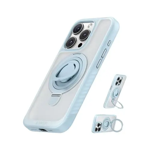 Anker iPhone 15 Pro g‘ilofi uchun magnitli halqa stendi, silikon barmoq halqali ushlagich, harbiy standartga muvofiq tushish sinovidan o‘tgan, MagSafe bilan mos, o‘rnatilgan tirgak, yumshoq qirrali barmoq izlariga qarshi, ko‘k 