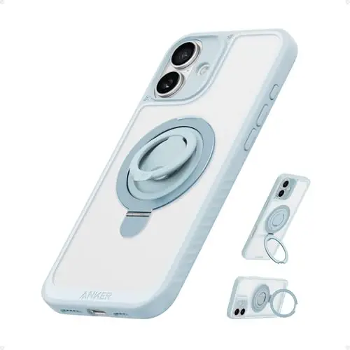 Anker iPhone 16 g'ilofi uchun magnit halqali tayanch, silikon barmoq halqali ushlagich tayanchi, harbiy standart bo'yicha tushish sinovidan o'tgan, MagSafe bilan mos, o'rnatilgan tirgak, yumshoq qirrali barmoq izlariga qarshi, ko'k 
