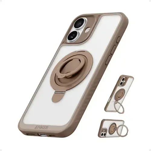Anker iPhone 16 uchun magnitli halqa stendi, silikon barmoq halqasi ushlagichi, harbiy darajadagi tushish sinovidan o'tgan, MagSafe bilan mos, o'rnatilgan tayanch, yumshoq qirrali barmoq izlariga qarshi, atirgul oltin 