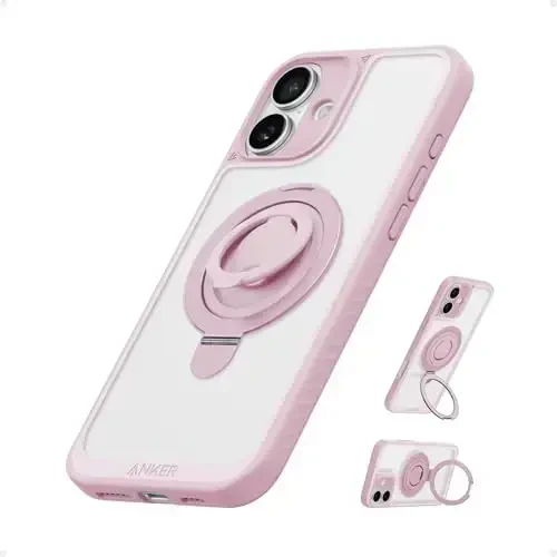 Anker Magnetic Ring Stand for iPhone 16 Plus Case, Silicone Finger Ring Grip Stand Holder, Military Grade Drop Tested, Compatible with MagSafe, Built in Kickstand, Soft Edge Anti-Fingerprint, Pink 