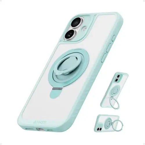 Anker Magnetic Ring Stand iPhone 16 Plus Case uchun, silikon barmoq uzukli ushlagich, harbiy standartga mos tushishga chidamli, MagSafe bilan mos, o'rnatilgan tirgak, yumshoq qirrali barmoq izlariga qarshi, yashil 