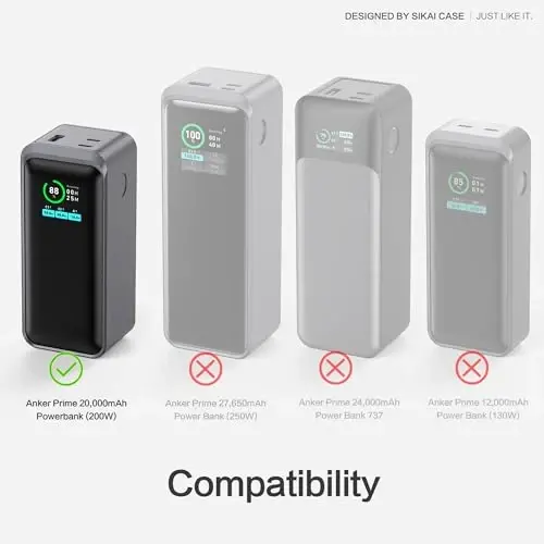 Anker Prime Power Bank 20,000mAh 200W 1/4 dyuymli gayka teshigi, TF/SM karta saqlash uchun silikon g'ilof. Faqat Anker 200W Prime Power Bank bilan mos keladi. Himoya qopqog'i chang o'tkazmaydigan yumshoq (kulrang) - SIKAI CASE (1)