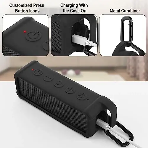 TXEsign Silicone Case Compatible with Anker Soundcore 2 Portable Speaker, Protective Travel Case Cover with Handle and Carabiner for Anker Soundcore 2 Speaker (Black) - 3
