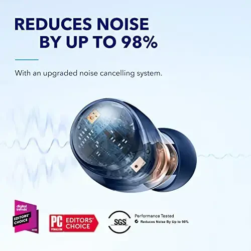 Anker tomonidan Soundcore Space A40 Avtomatik sozlanadigan faol shovqinni bekor qiluvchi simsiz quloqchinlar, Shovqinni 98% gacha kamaytirish, 50 soat o'ynash vaqti, Yuqori aniqlikdagi ovoz, Qulay joylashish, Ilova sozlash, Simsiz zaryadlash (Moviy) - 3