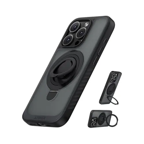 Ankerning iPhone 15 uchun magnit uzuk stendi, silikon barmoq uzugi qo'l stendi ushlagichi, harbiy sinf qulash sinovidan o'tgan, MagSafe bilan mos, o'rnatilgan stend, yumshoq cheti barmoq izi himoyasi, qora 