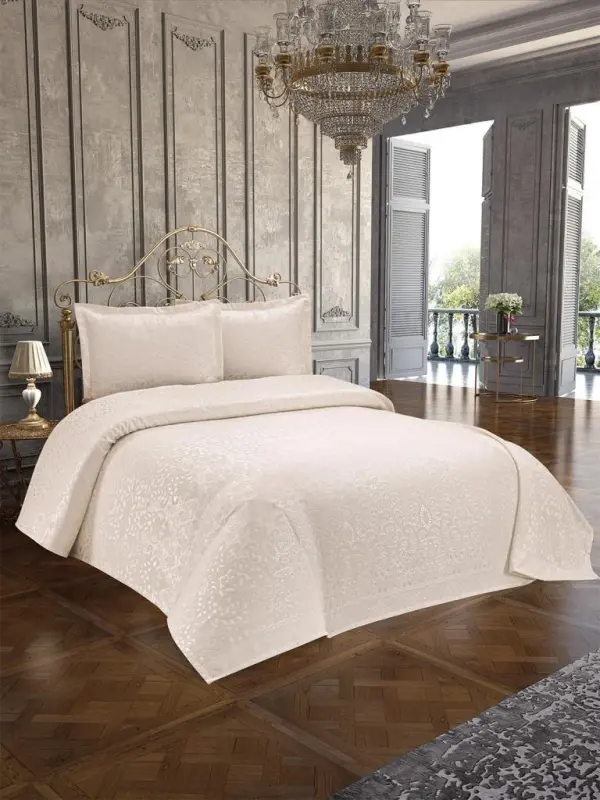 Anna Karina 3 Piece Double Bedspread Royal Ecru - NEVRESIMDUNYASI