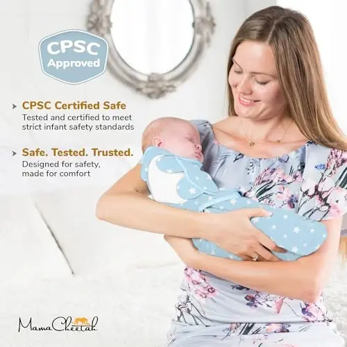 Mama Cheetah Baby Swaddle Sack, Organic Swaddling Blanket, Newborn Swaddle Sleep Sacks, Adjustable Infant Swaddle Wrap, Easy Swaddles for Boy 0-3 Month, Baby Essentials, Nursery Swaddling 3-Pack, Blue - 4