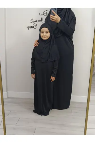 Anne Kız Tek Parça Namaz Elbisesi Kombin Namazlık 2 adet (Bedenler Açıklamada) - Siyah - 1