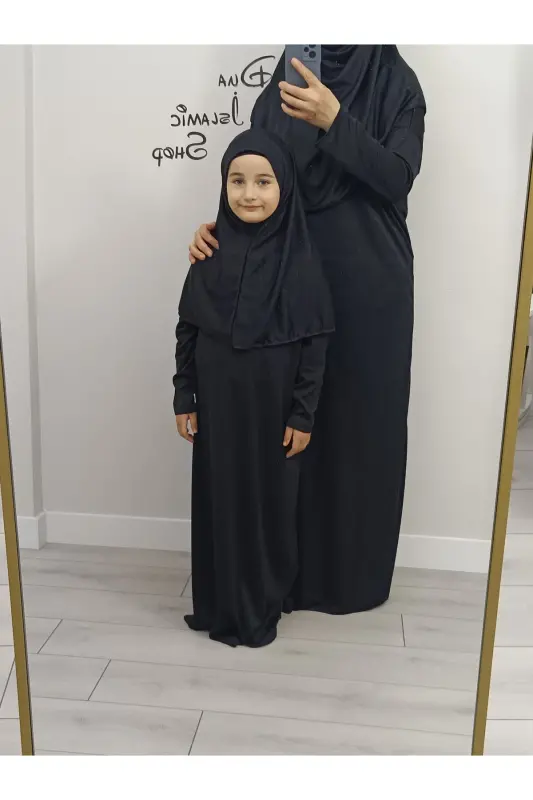 Anne Kız Tek Parça Namaz Elbisesi Kombin Namazlık 2 adet (Bedenler Açıklamada) - Siyah - 1