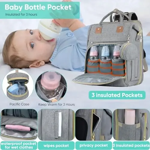 Diaper Bag Backpack for Mom and Dad, Large Capacity Baby Travel Bag with USB Charging Port, Waterproof Foldable Baby Bag for Boys and Girls, Stylish Maternity Backpack for Travel & Hospital，Grey - 3