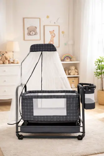 Anne Yanı Sallanabilir Bebek Beşiği Portatif Hamak Sepet Beşik Safir-Siyah 