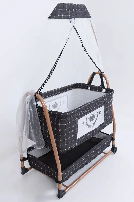 Anne Yanı Sepet Beşik Tekerlekli Lüks Beşik-Koyu Gri - 4