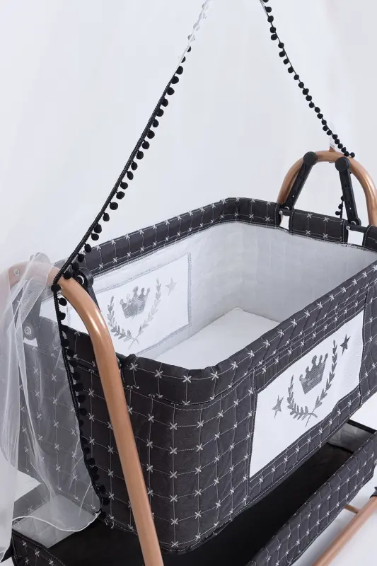 Anne Yanı Sepet Beşik Tekerlekli Lüks Beşik-Koyu Gri - 5