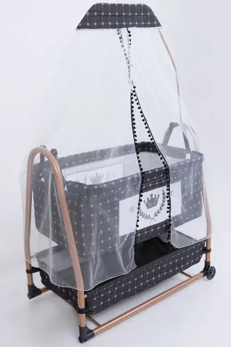 Anne Yanı Sepet Beşik Tekerlekli Lüks Beşik-Koyu Gri - 1