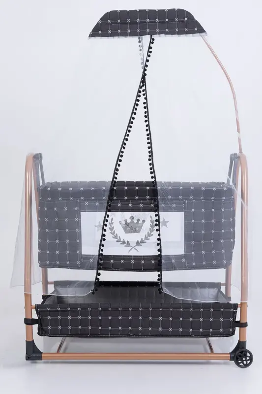 Anne Yanı Sepet Beşik Tekerlekli Lüks Beşik-Koyu Gri - 2