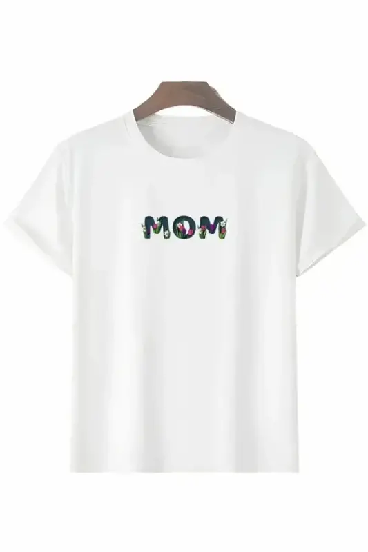 Anneler Günü Hediye Mom Çiçek Baskılı Oversize Bisiklet Yaka T-shirt - Beyaz - 1