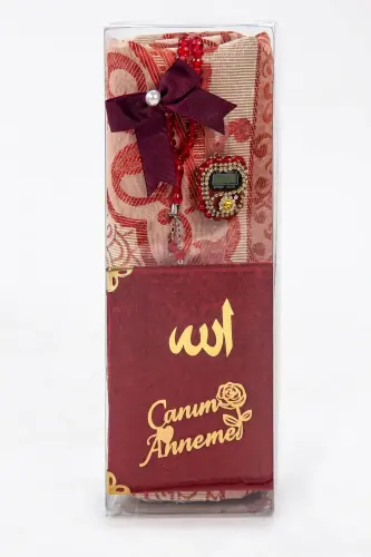 Anneler Gününe Özel Kadife Yasin Kitabı Seccade Seti Kristal Tesbihli - Bordo - Bordo - 3