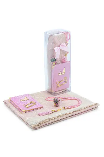 Anneler Gününe Özel Kutulu Kadife Yasin Kitabı Tesbih Zikirmatik Seccade Seti Pembe - Pembe - 1