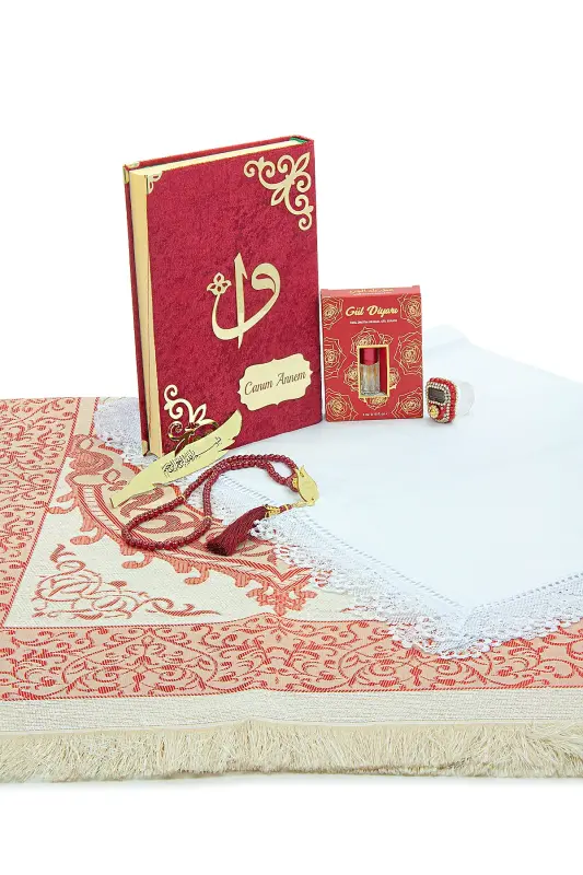 Anneler Gününe Özel Sandıklı Kadife Kuranı Kerim Seti Şal Tesbih Esans Zikirmatik Seccade Seti Bordo - Bordo - 11