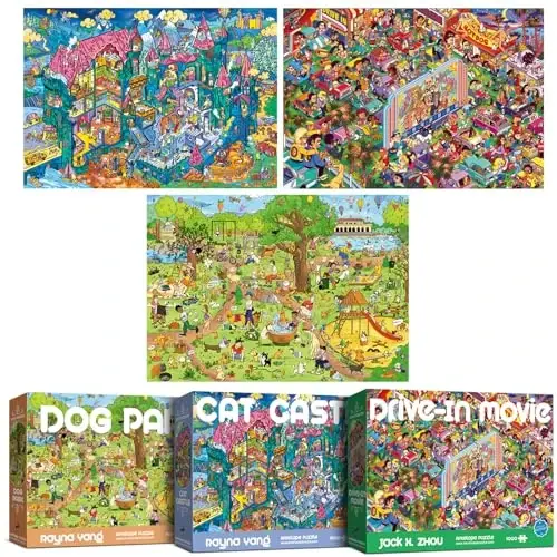ANTELOPE 1000 Piece Puzzle Bundle, Young Adult, Cardboard, Pets and Entertainment Theme, 3 in 1 Set - Dog Park, Drive in Movie, Cat Castle - 1