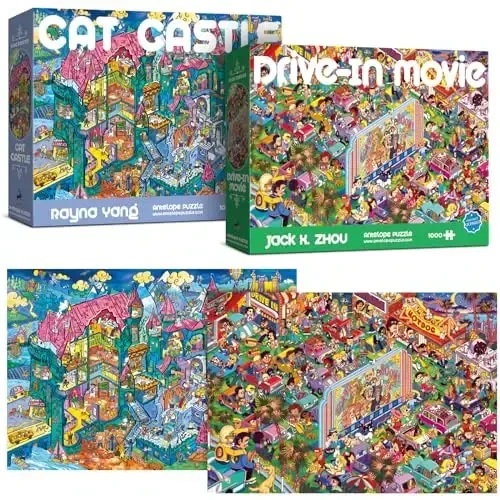 Antelope 2 in 1 1000 Piece Puzzle Bundle - Cat Castle & Drive In Movie - 1