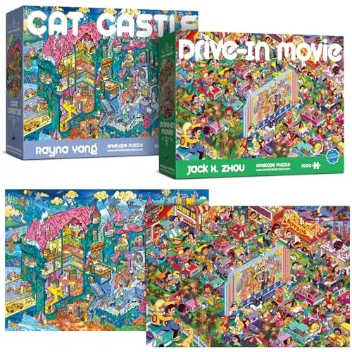 Antelope 2 in 1 1000 Piece Puzzle Bundle - Cat Castle & Drive In Movie - 1