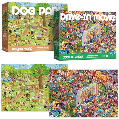 Antelope 2 in 1 1000 Piece Puzzle Bundle - Dog Park & Drive In Movie - ANTELOPE