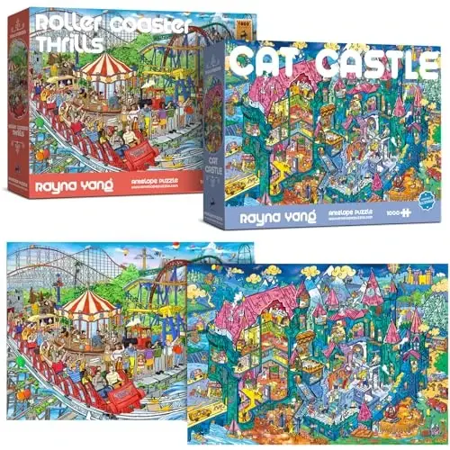 Antelope 2 in 1 1000 Piece Puzzle Bundle - Cat Castle - 1000 Piece Jigsaw Puzzle Bundle with Roller Coaster - 1000 Piece Jigsaw Puzzle - ANTELOPE