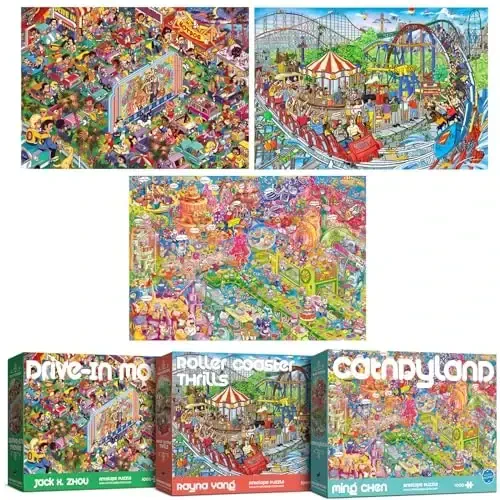 Antelope 3 in 1 1000 Piece Puzzle Bundle - Catndyland - Drive in Movie va Roller Coaster bilan 1000 dona Jigsaw Puzzle - ANTELOPE