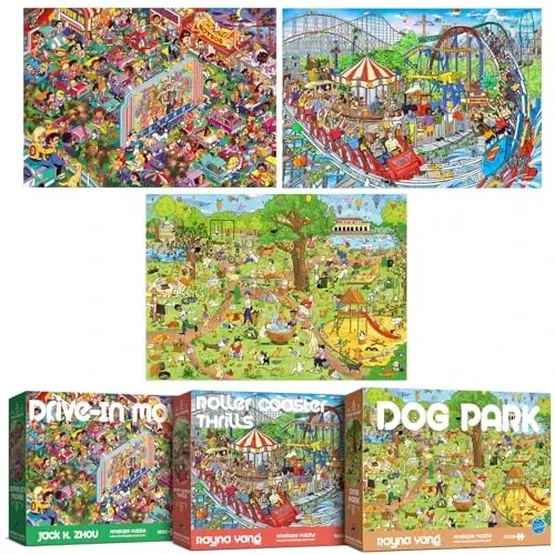 ANTELOPE 3 in 1 1000 Piece Puzzle Bundle - Dog Park, Drive in Movie, Roller Coaster - 1000 Piece Jigsaw Puzzle, Cartoon Style, 15 Years and Up - 1