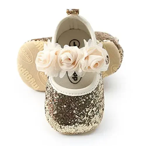 Antheron Baby Girls Mary Jane Flats Soft Sole Infant Moccasins Floral Sparkly Toddler Princess Dress Shoes - 4