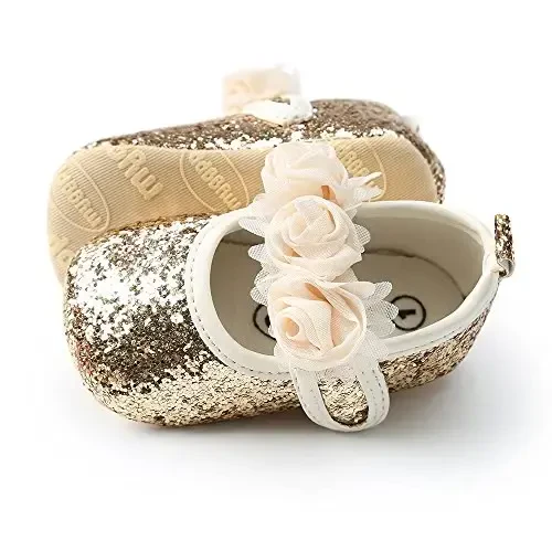 Antheron Baby Girls Mary Jane Flats Soft Sole Infant Moccasins Floral Sparkly Toddler Princess Dress Shoes - 5