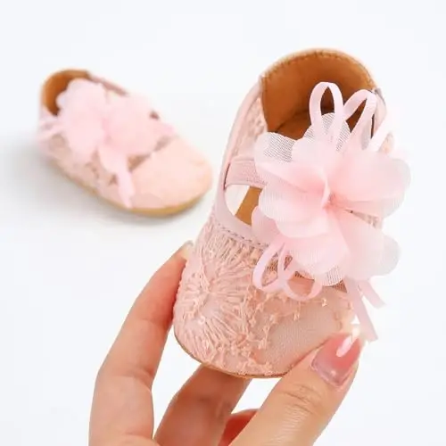 Antheron Baby Girls Mary Jane Flats Soft Sole Infant Moccasins Floral Sparkly Toddler Princess Dress Shoes - 2